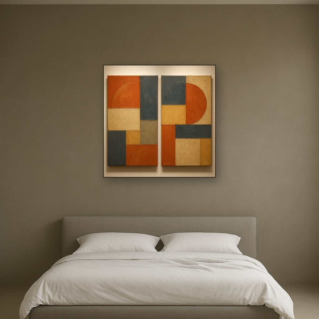 Mid-Century Geometric Duet Oil Painting - Styled in Master Bedroom