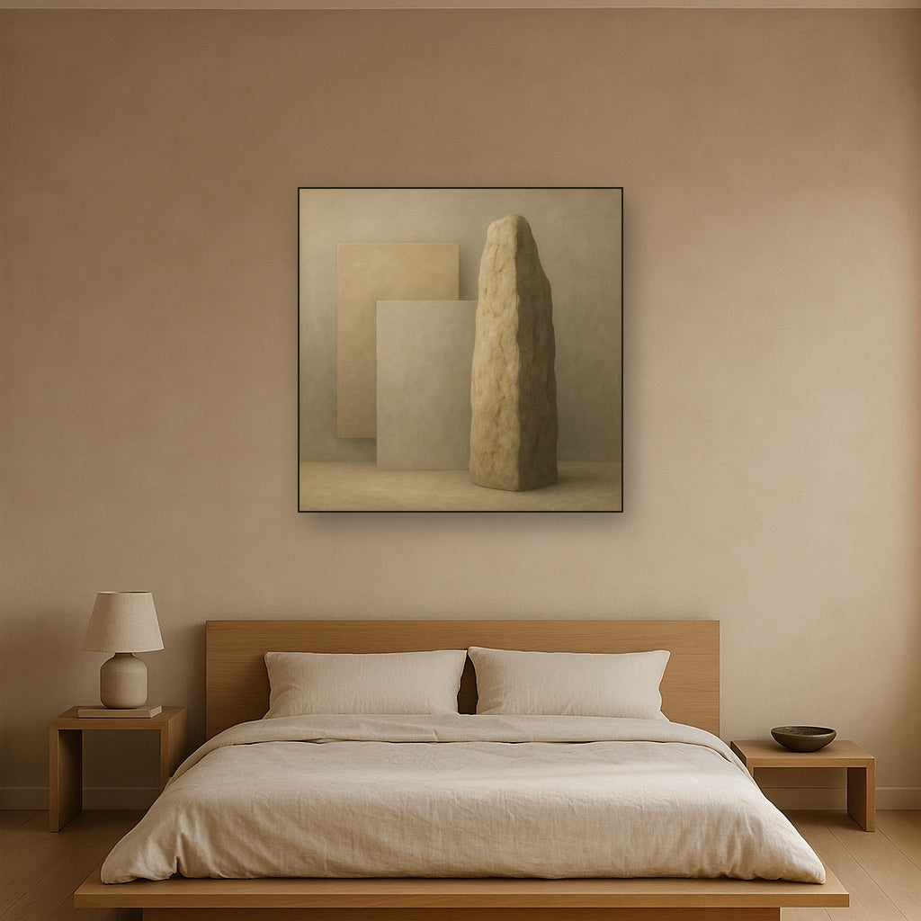 Driftwood Grey & Weathered Stone Monolith No. 18 Oil Painting Staged Above Master Bed in Bedroom, Calming Neutral Hand Painted Oil Art