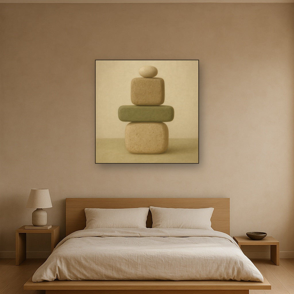 Muted Olive & Sandstone Geometric Balance No. 20 Oil Painting Staged Above Master Bed in Bedroom, Calming Neutral Hand Painted Oil Art
