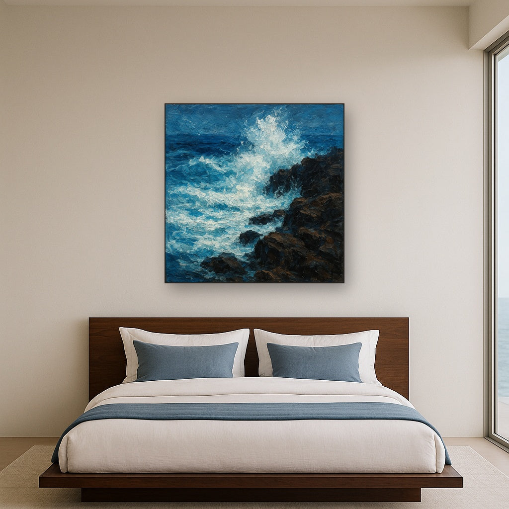 Crashing Azure Sea Foam Oil Painting - View 3