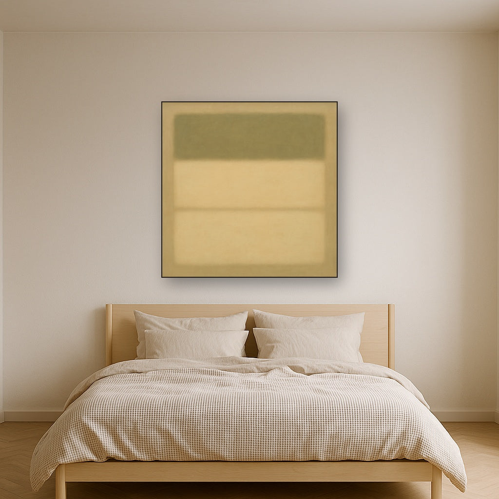 Sage Olive & Pale Sandstone Minimalist Harmony No. 9 Oil Painting Staged Above Master Bed in Bedroom, Calming Neutral Hand Painted Oil Art