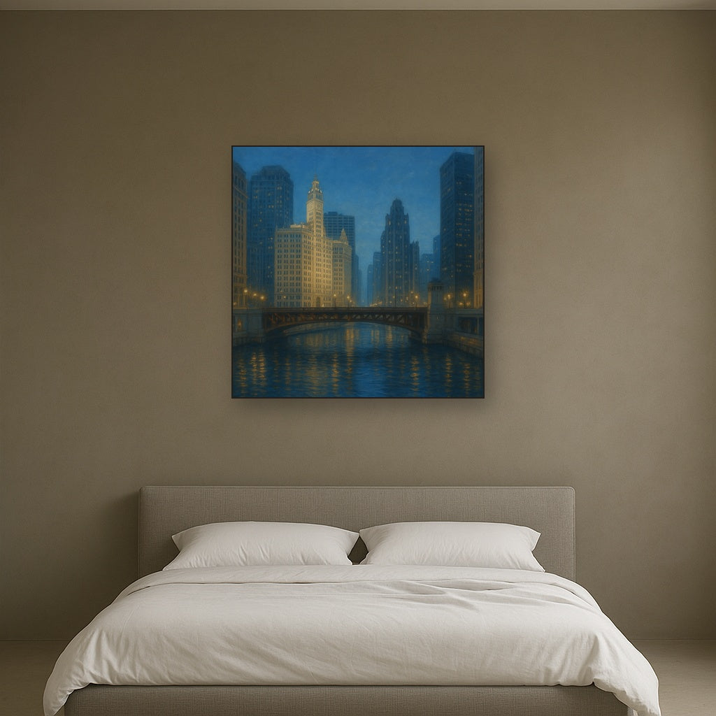 Chicago Riverfront Architecture at Blue Hour No. 13 Oil Painting - View 3