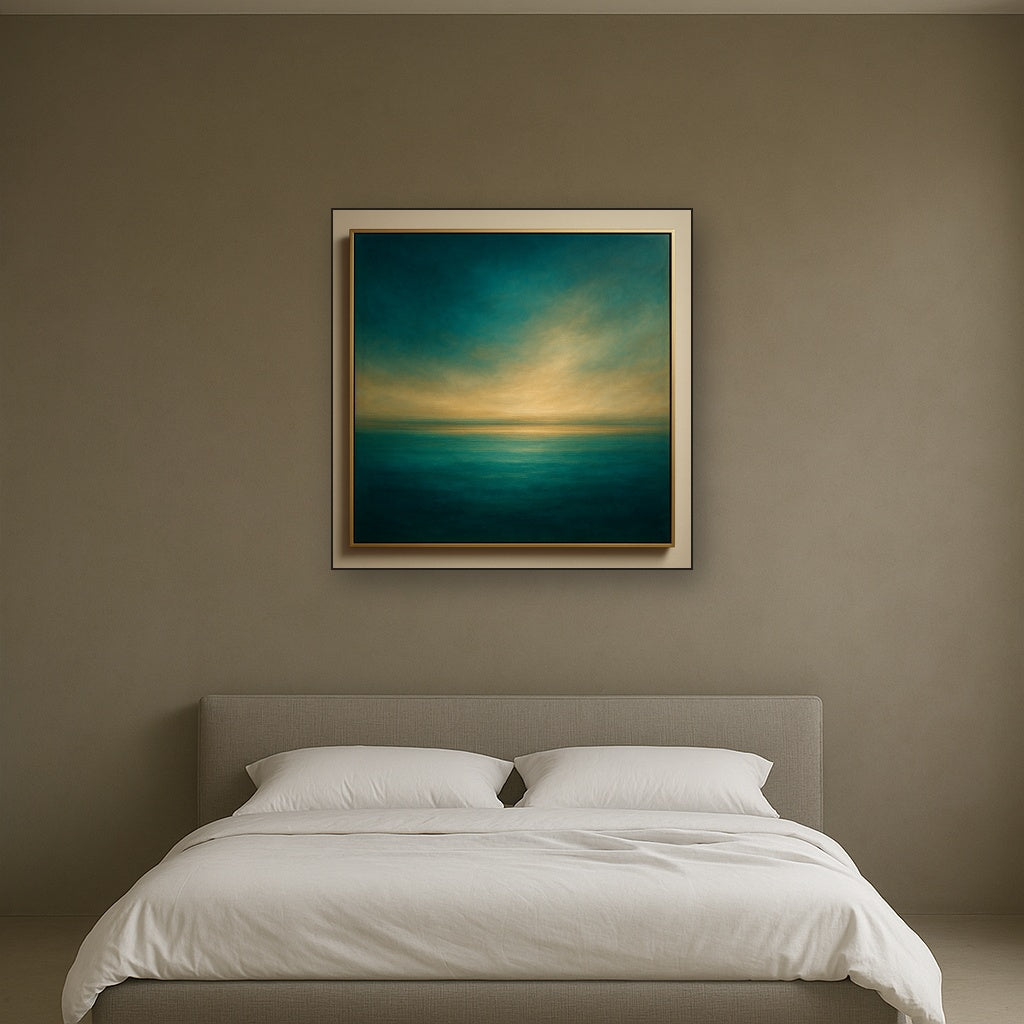 Peacock Teal & Champagne Gold Horizon No. 7 Oil Painting - View 3
