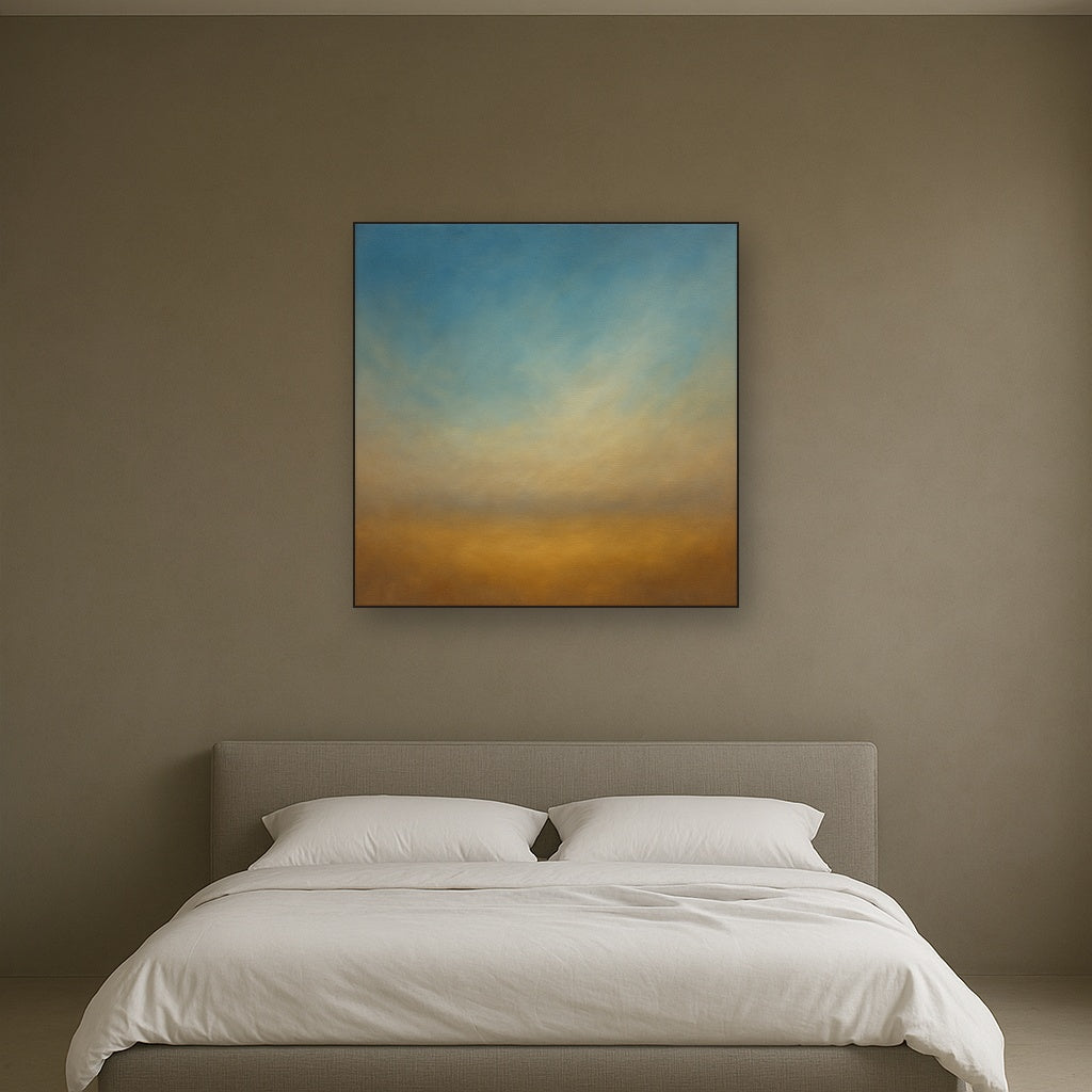 Celestial Azure & Warm Ochre Equilibrium No. 5 Oil Painting Staged Above Master Bed in Bedroom, Calming Neutral Hand Painted Oil Art
