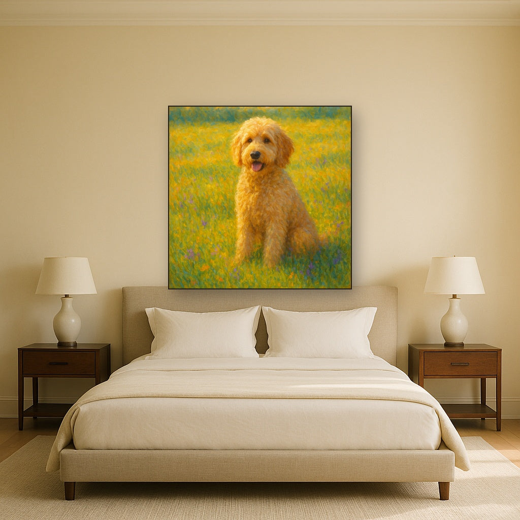 Fluffy Goldendoodle in Sun-Drenched Meadow No. 13 Fine Art Oil Painting - View 3