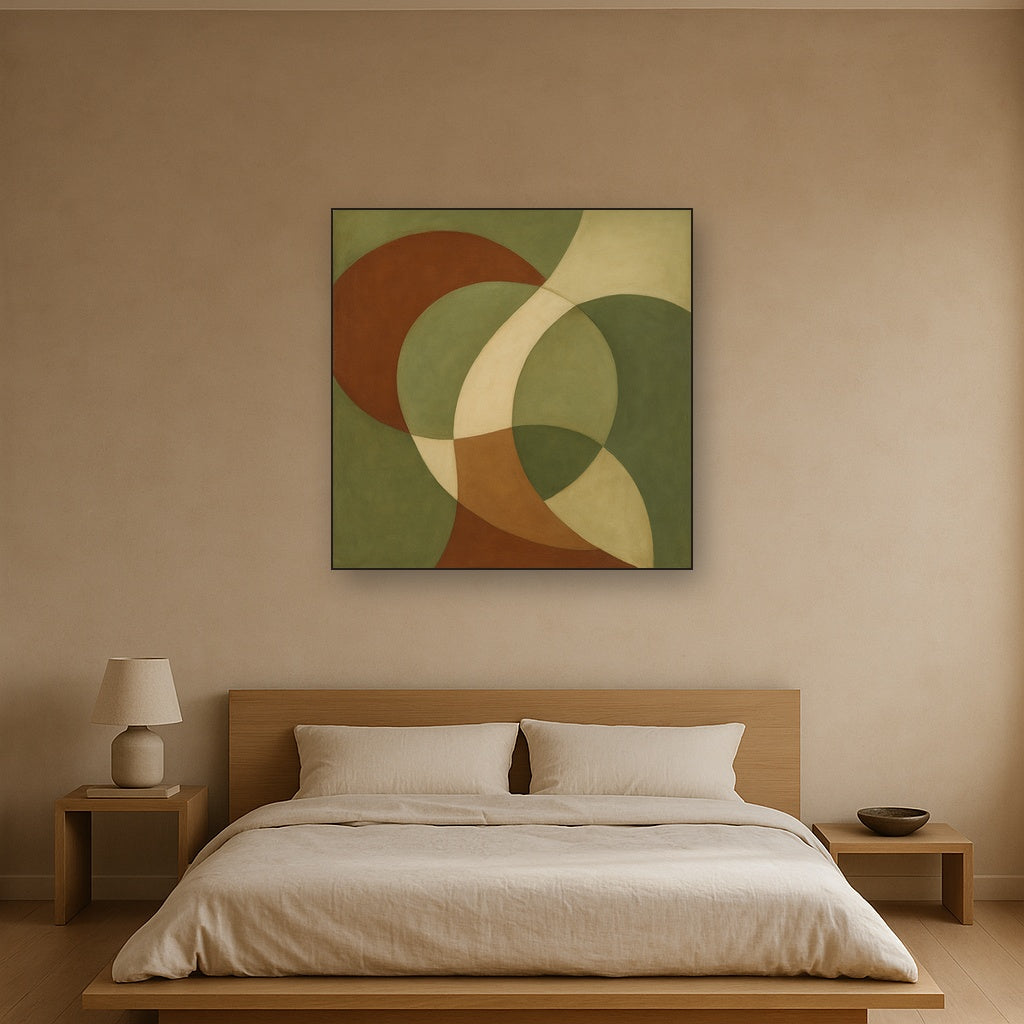 Intersecting Curved Forms in Olive & Rust No. 14 Oil Painting Staged Above Master Bed in Bedroom, Calming Neutral Hand Painted Oil Art