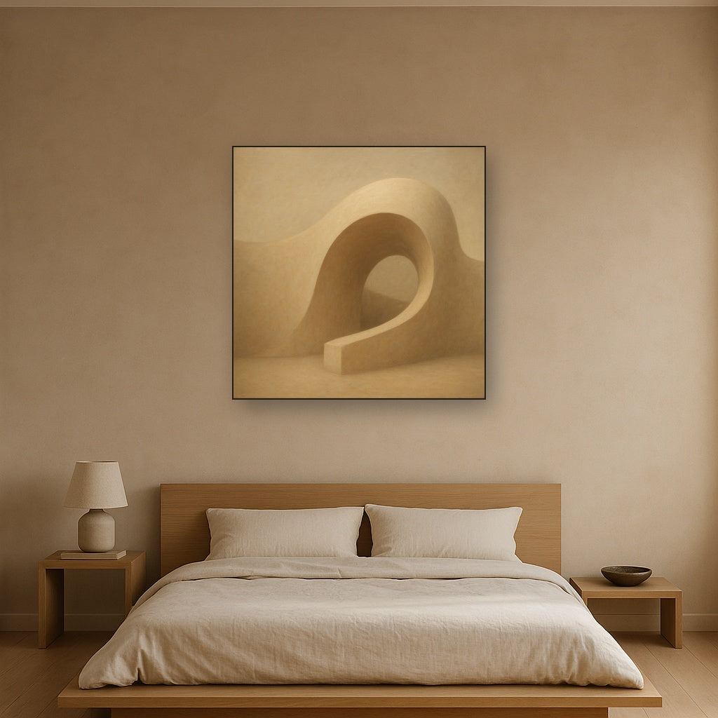 Soft Architectural Curve in Desert Bone No. 6 Oil Painting Staged Above Master Bed in Bedroom, Calming Neutral Hand Painted Oil Art