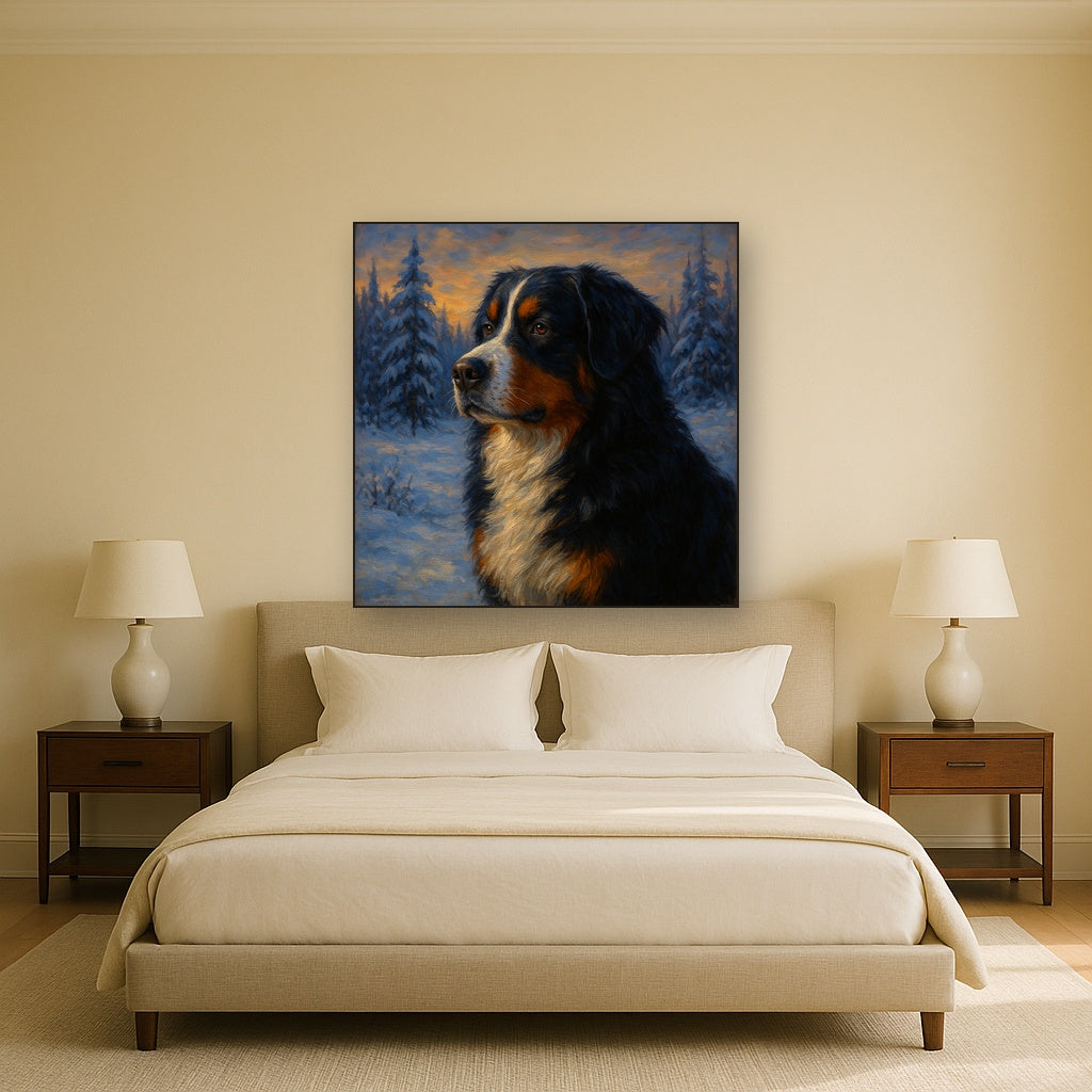 Bernese Mountain Dog in Winter Snowscape No. 3 Fine Art Oil Painting - View 3