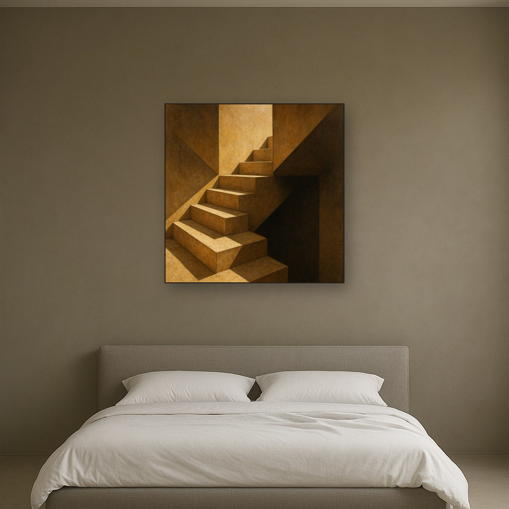 Travertine Staircase Shadow Architectural Oil Painting - Styled in Master Bedroom
