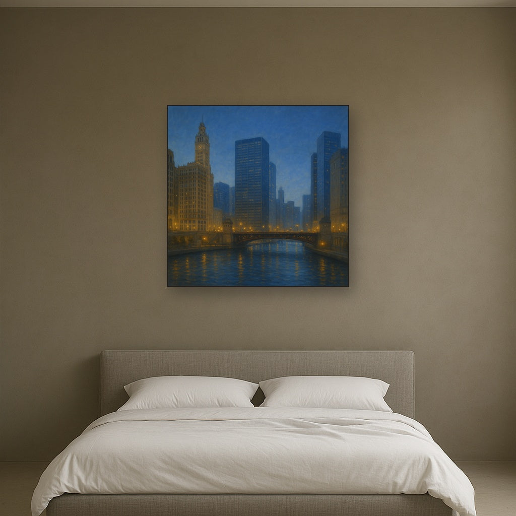 Chicago Riverfront Architecture at Blue Hour No. 28 Oil Painting - View 3