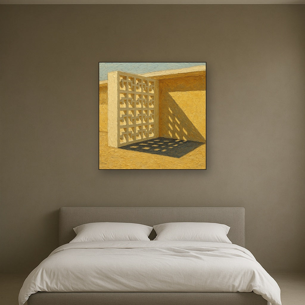 Desert Modern Breeze Block Shadow No. 5 Oil Painting - Styled in Master Bedroom