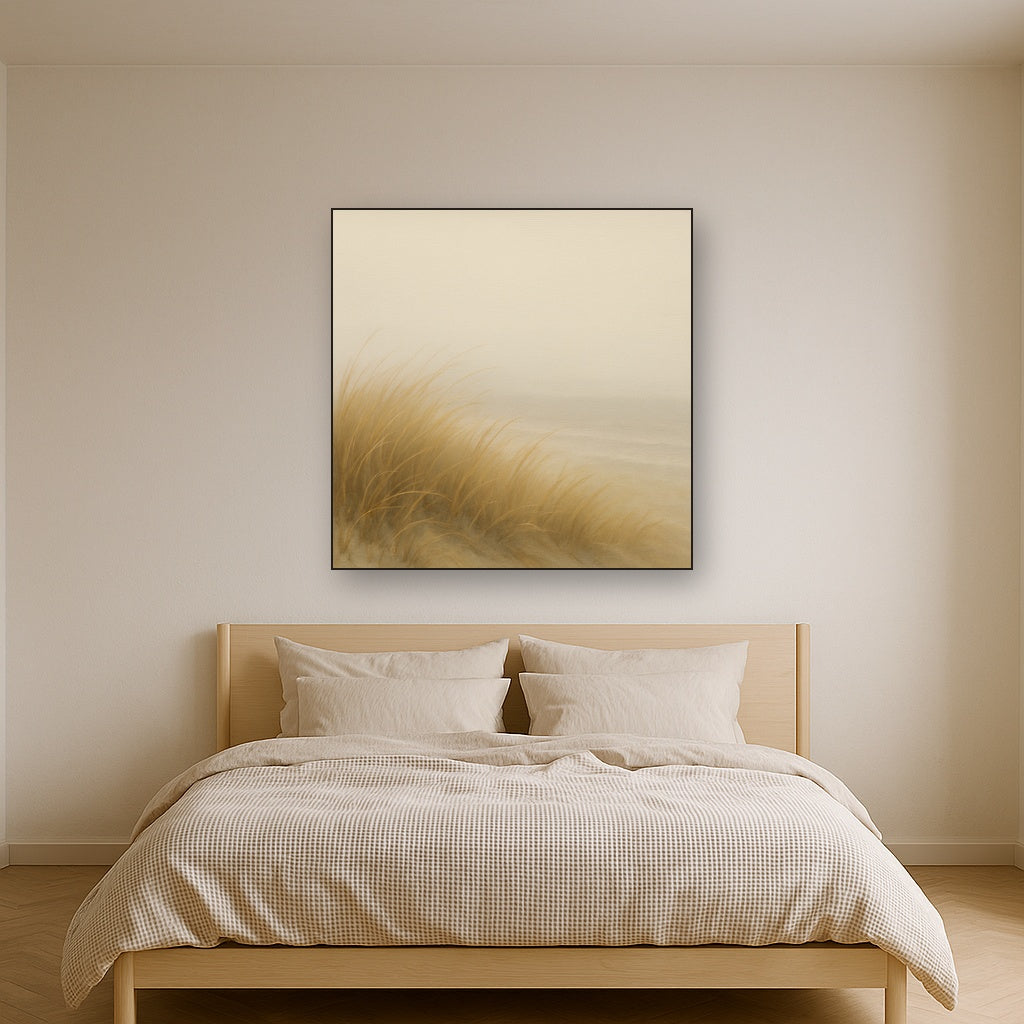 Silent Dune Grass in November Sea Fog No. 9 Oil Painting Staged Above Master Bed in Bedroom, Calming Neutral Hand Painted Oil Art