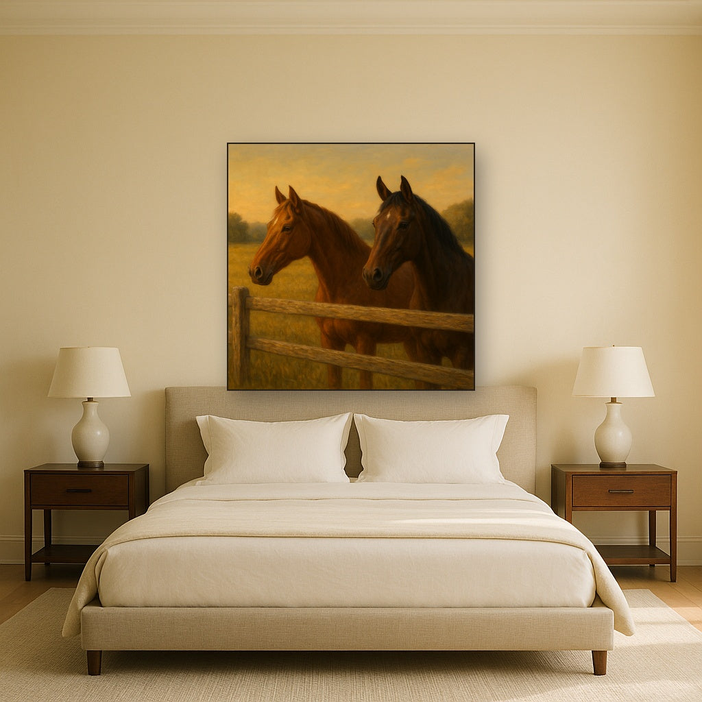 Two Horses at Rustic Post & Rail Fence No. 17 Oil Painting - View 3