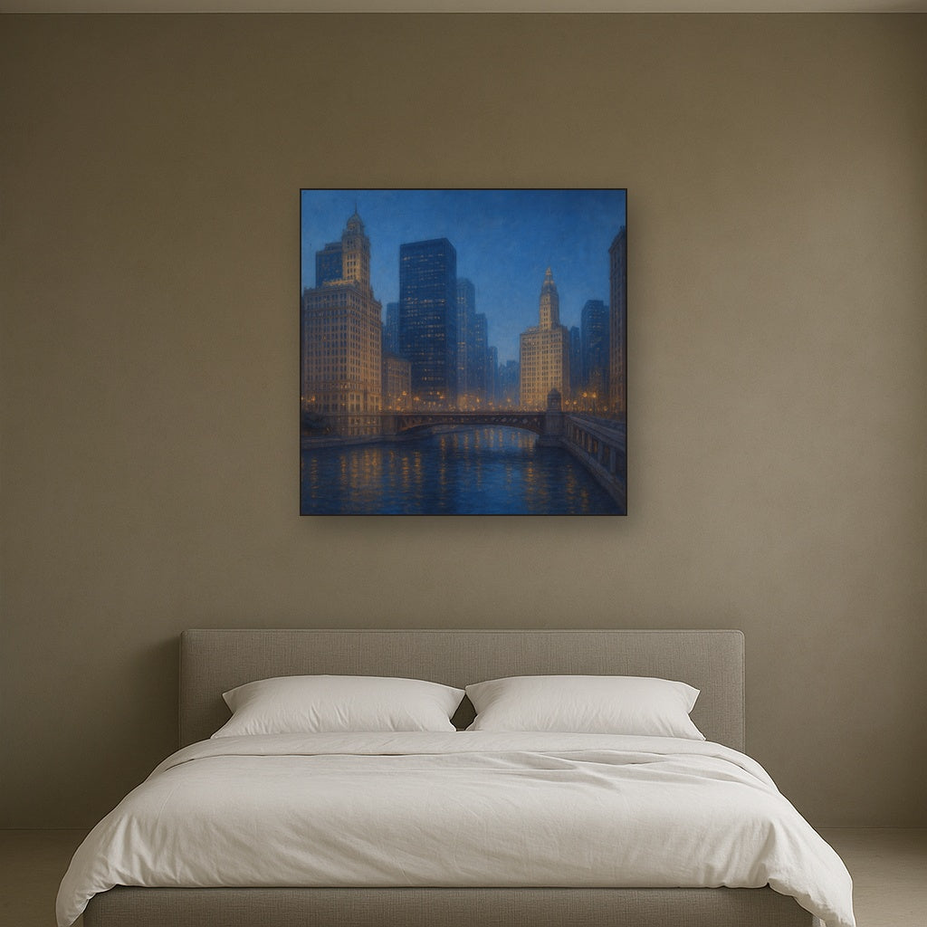 Chicago Riverfront Architecture at Blue Hour No. 14 Oil Painting - View 3