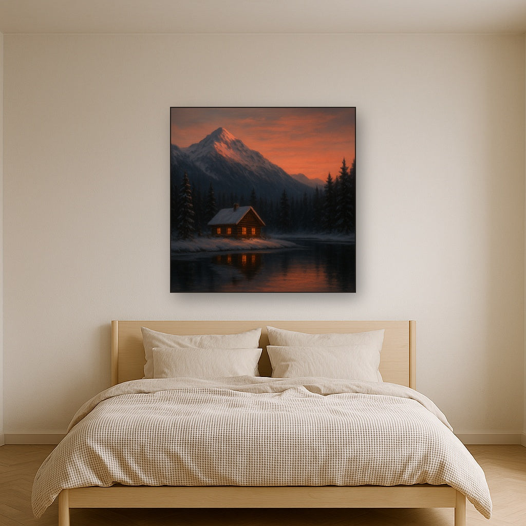 Winter Solstice Mountain Cabin Reflection No. 8 Oil Painting - View 3