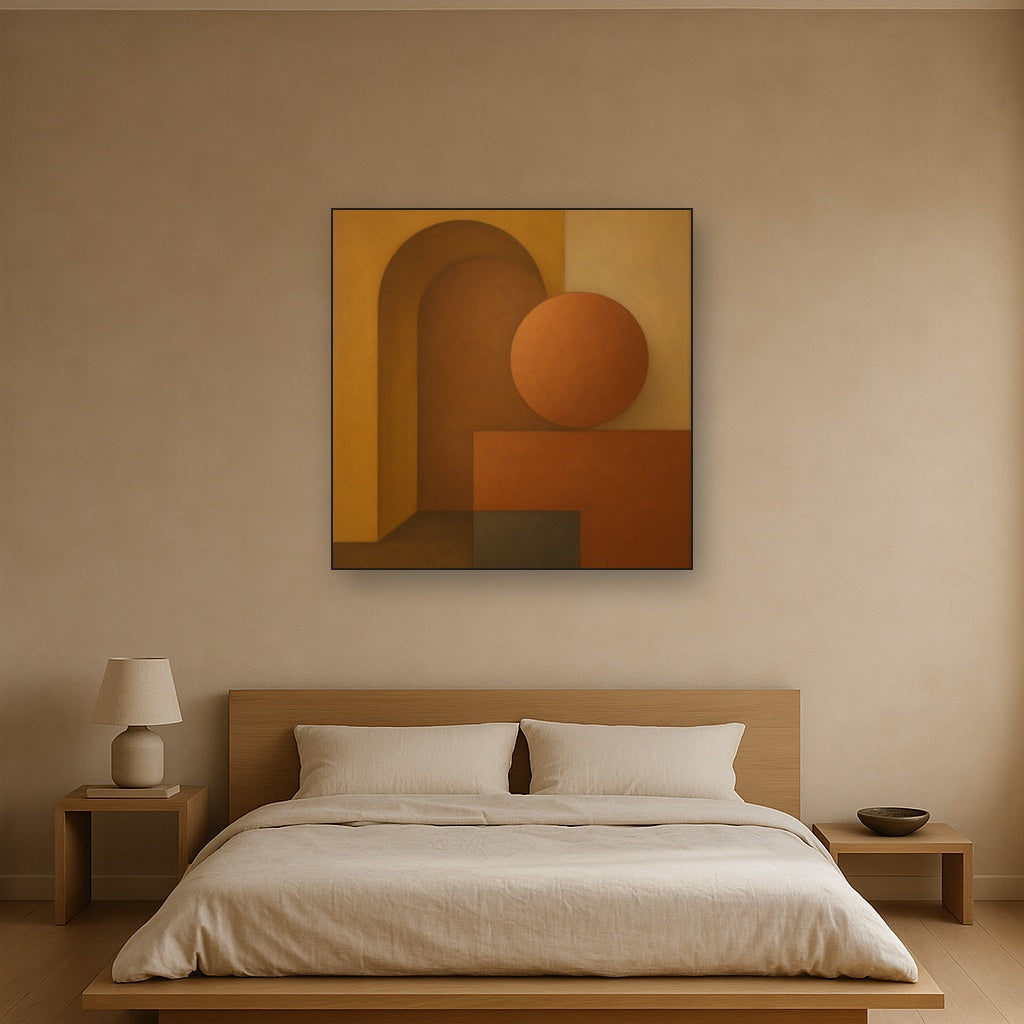 Arch & Circle Equilibrium in Warm Earth Tones No. 21 Oil Painting Staged Above Master Bed in Bedroom, Calming Neutral Hand Painted Oil Art