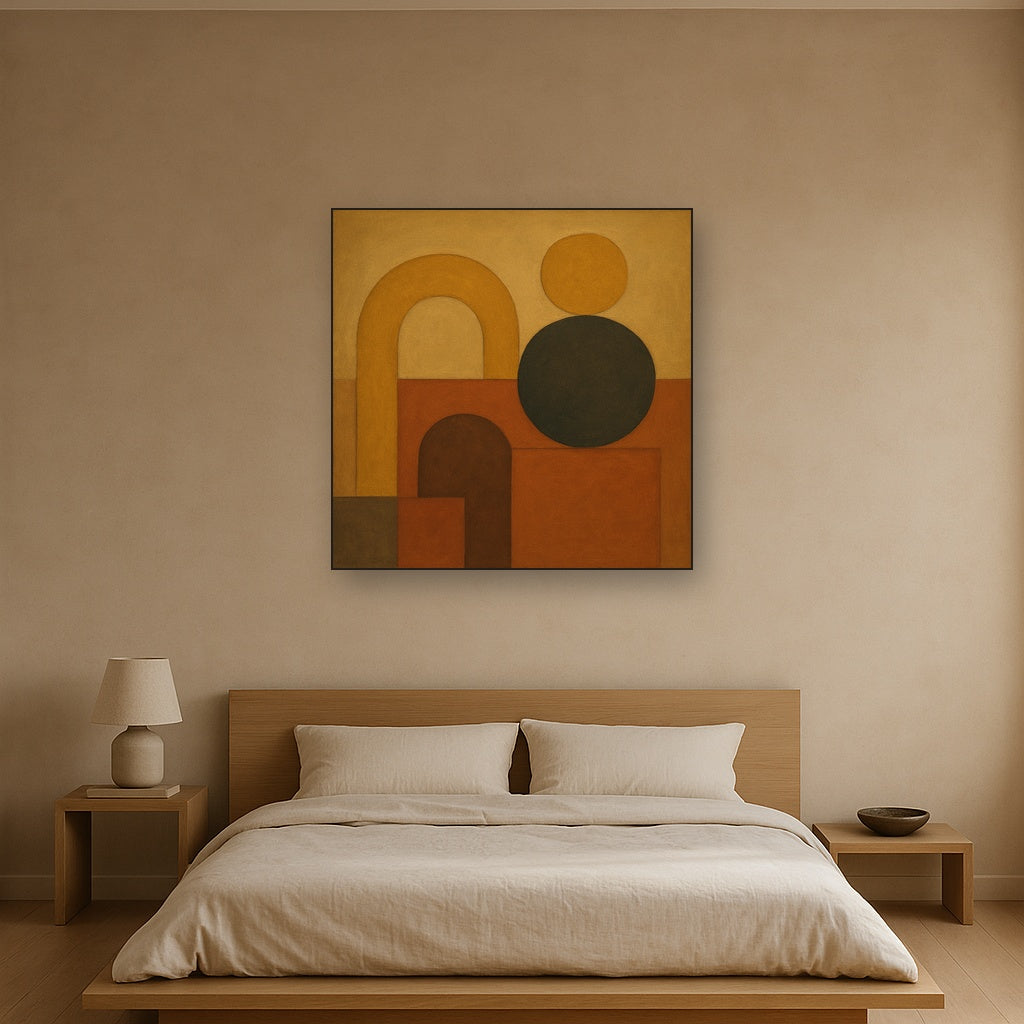 Arch & Circle Equilibrium in Warm Earth Tones No. 6 Oil Painting Staged Above Master Bed in Bedroom, Calming Neutral Hand Painted Oil Art