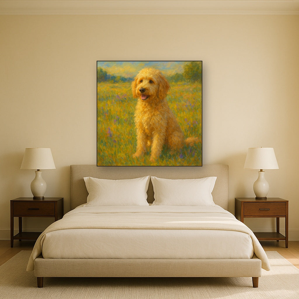 Fluffy Goldendoodle in Sun-Drenched Meadow No. 2 Fine Art Oil Painting - View 3