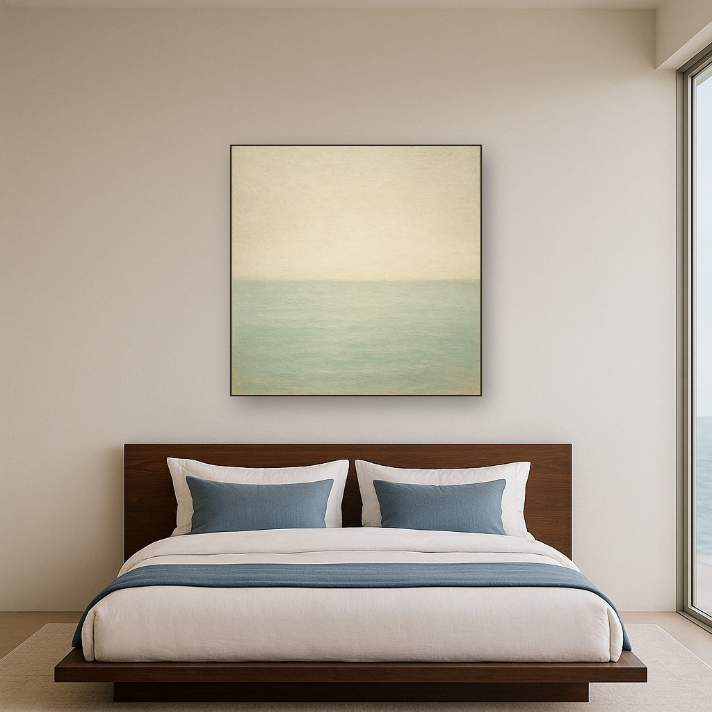 Atmospheric Coastal Horizon Oil Painting - Styled in Master Bedroom