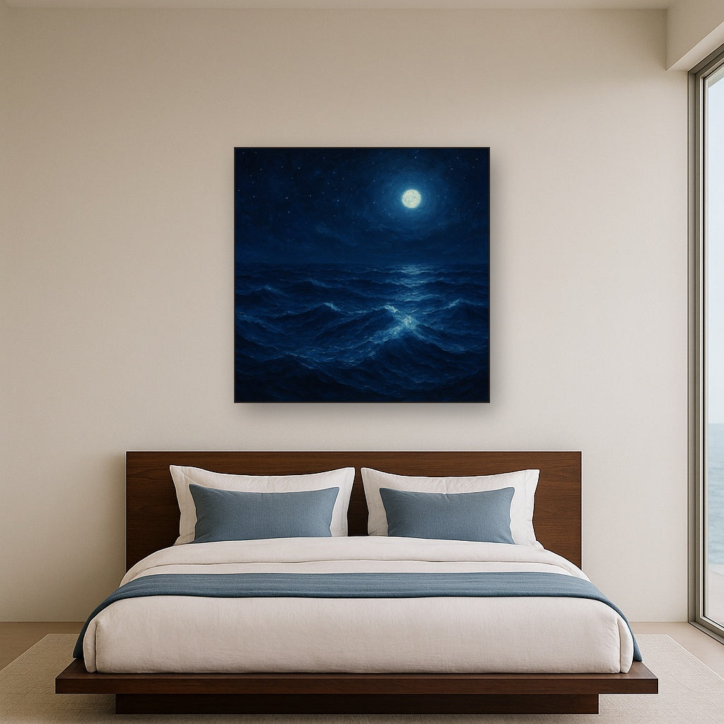 Deep Atlantic Midnight Seascape Oil Painting - Styled in Master Bedroom