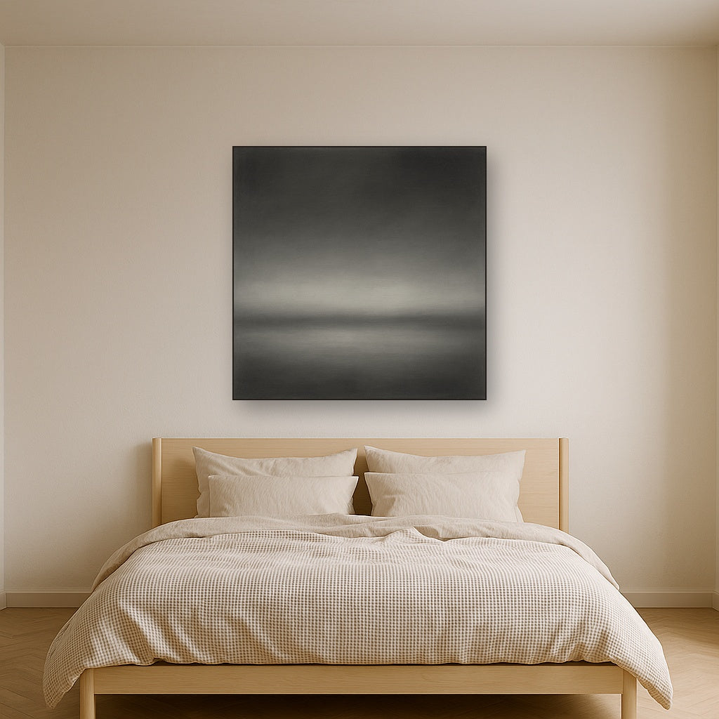 Monochrome Charcoal Drift & Soft Sfumato Horizon No. 15 Oil Painting Staged Above Master Bed in Bedroom, Calming Neutral Hand Painted Oil Art