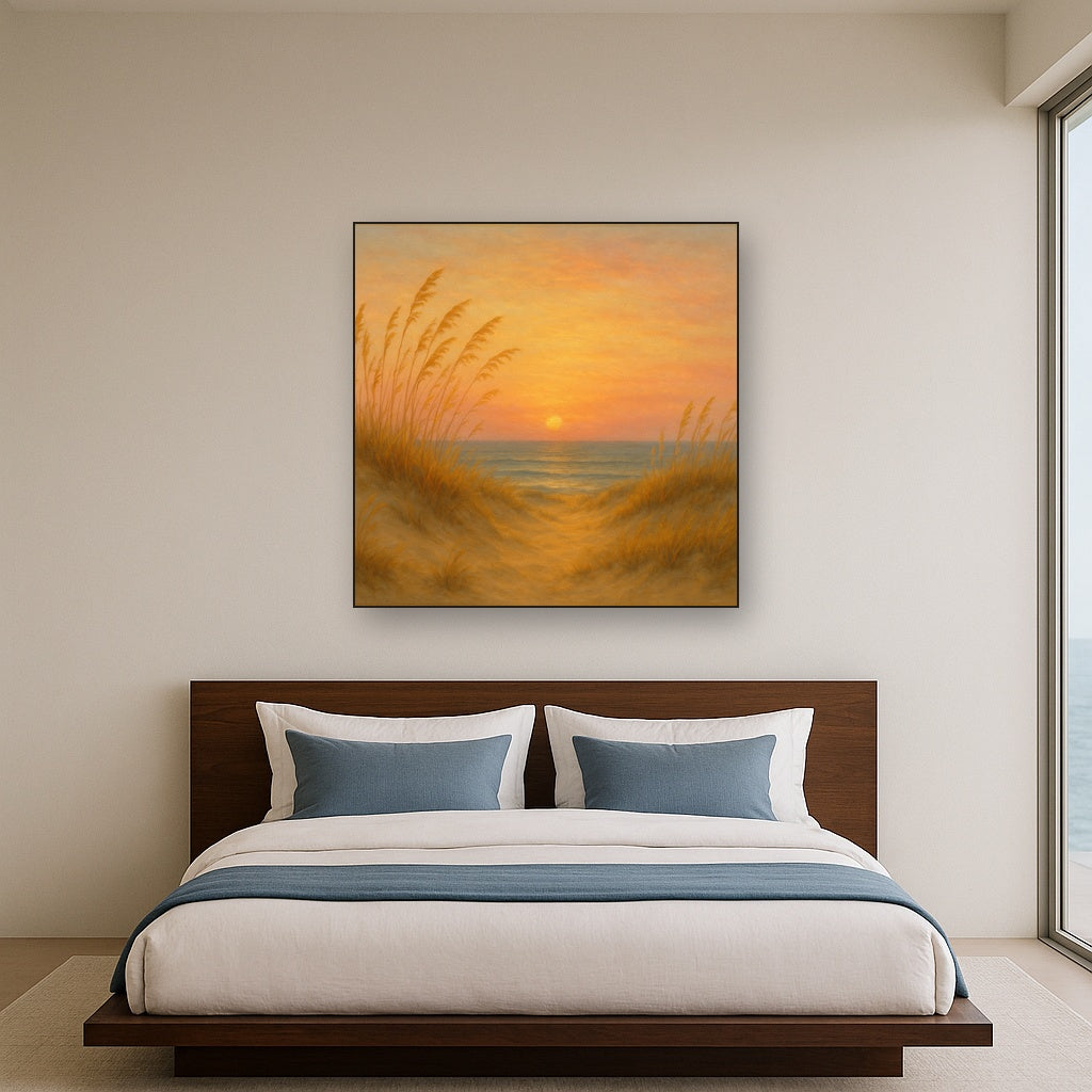 Sea Oats on Rolling Coastal Dunes at Sunset No. 3 Oil Painting Staged Above Master Bed in Bedroom, Calming Neutral Hand Painted Oil Art