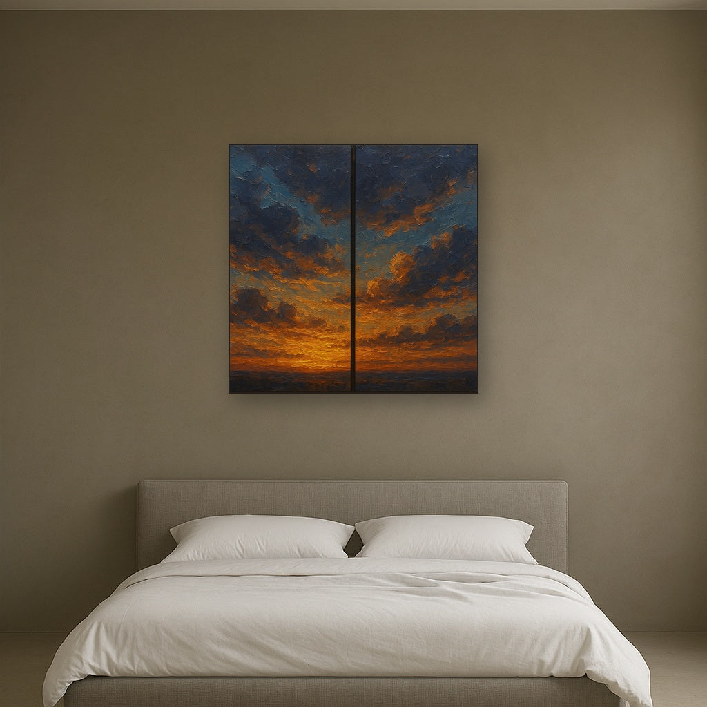 Luminescent Twilight Cloud Diptych Oil Painting - Styled in Master Bedroom