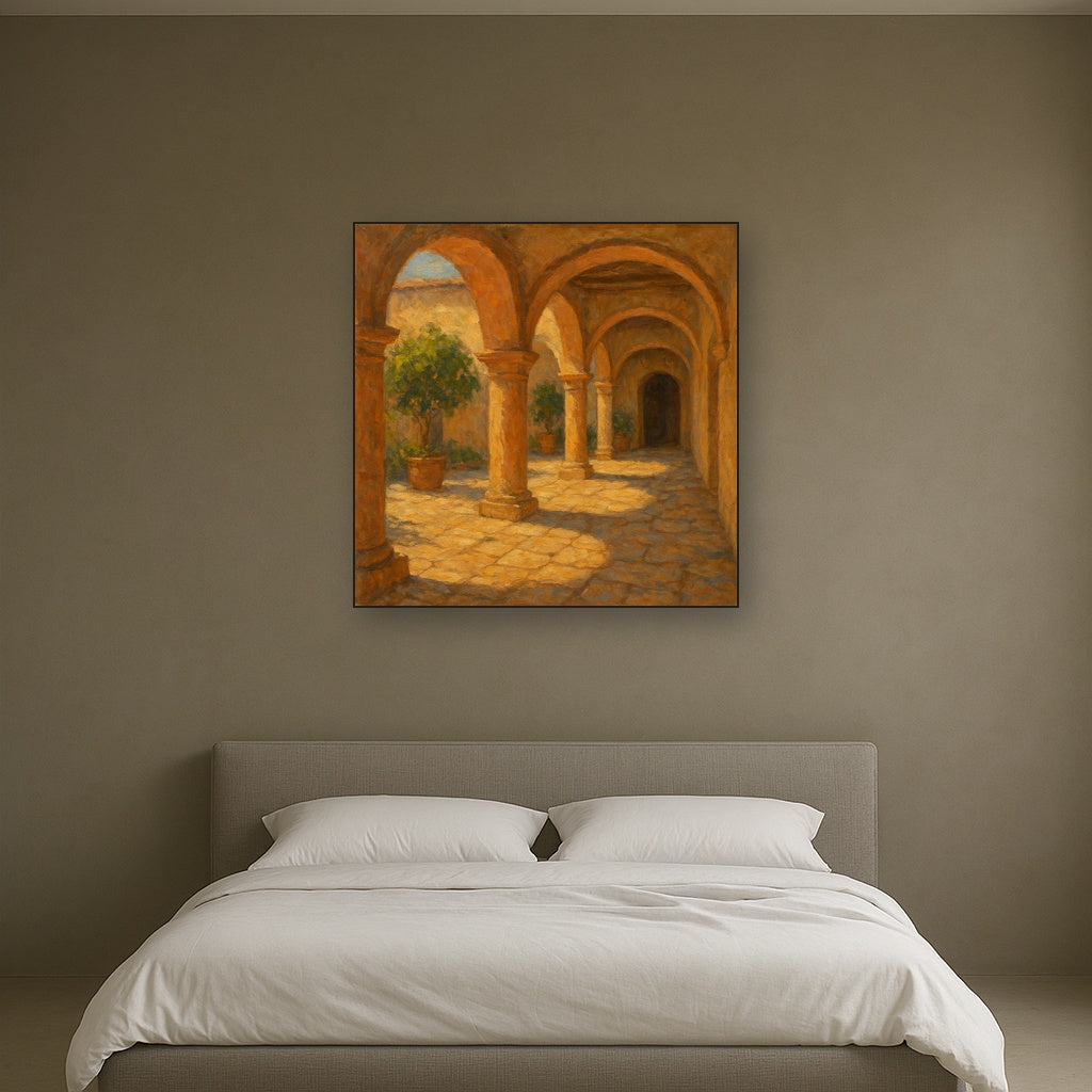 Mediterranean Courtyard Arcade Architectural Oil Painting - Styled in Master Bedroom