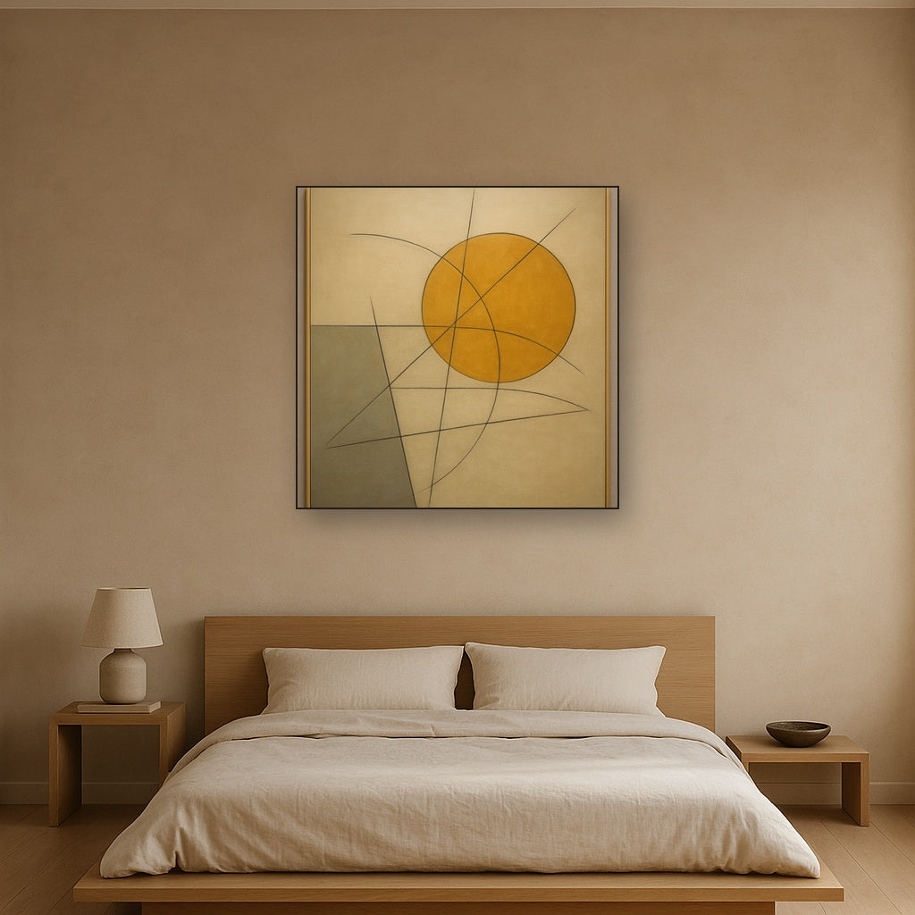 Abstract Tangent Lines & Earthy Ochre Disc No. 10 Oil Painting - View 3