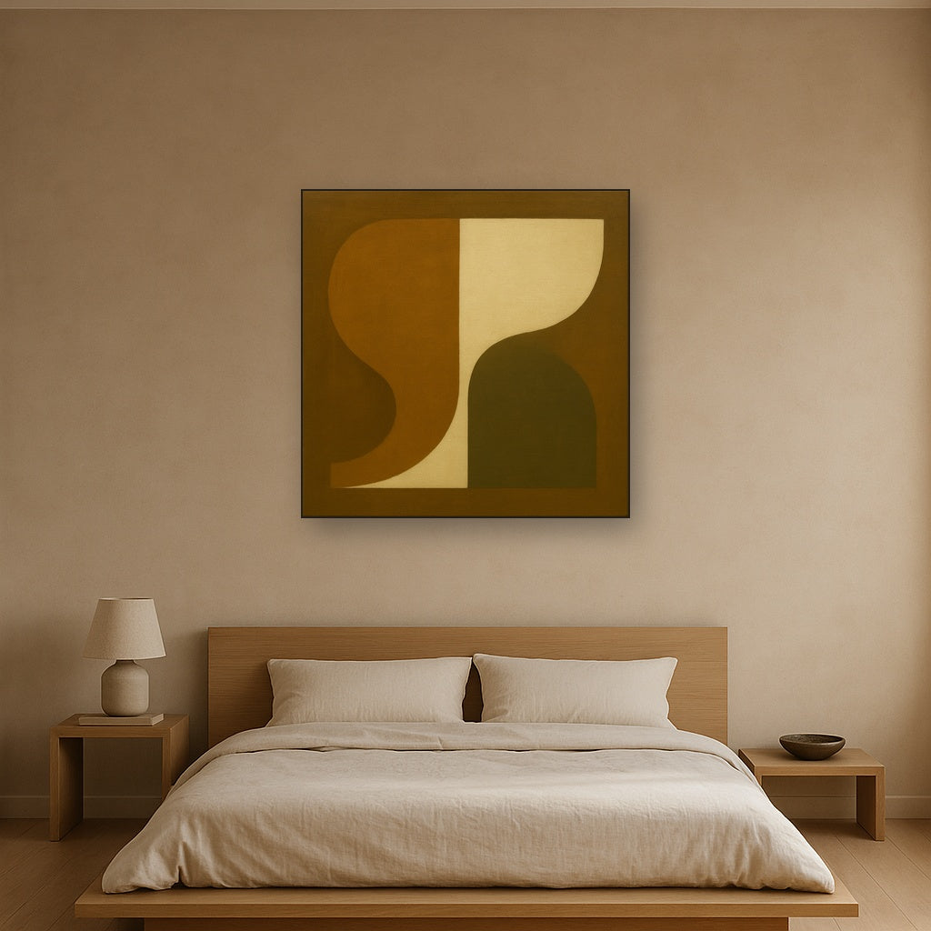 Minimalist Asymmetrical Balance in Raw Umber No. 23 Oil Painting Staged Above Master Bed in Bedroom, Calming Neutral Hand Painted Oil Art