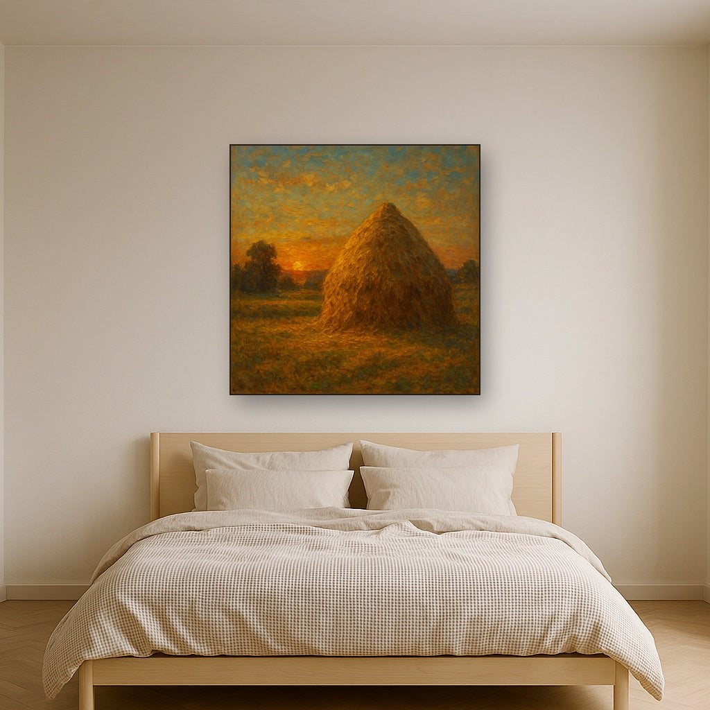 Rustic Countryside Haystack at Sunset No. 3 Oil Painting - Styled in Master Bedroom