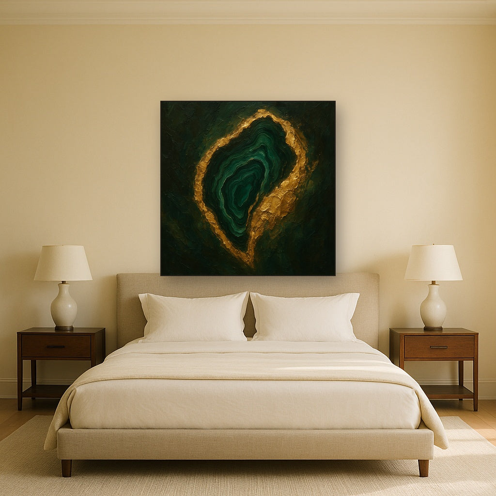 Forest Malachite & Gilded Geode Oil Painting - Styled in Master Bedroom