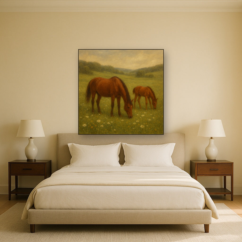 Mares & Foals Grazing in Rolling Meadow No. 6 Oil Painting - View 3