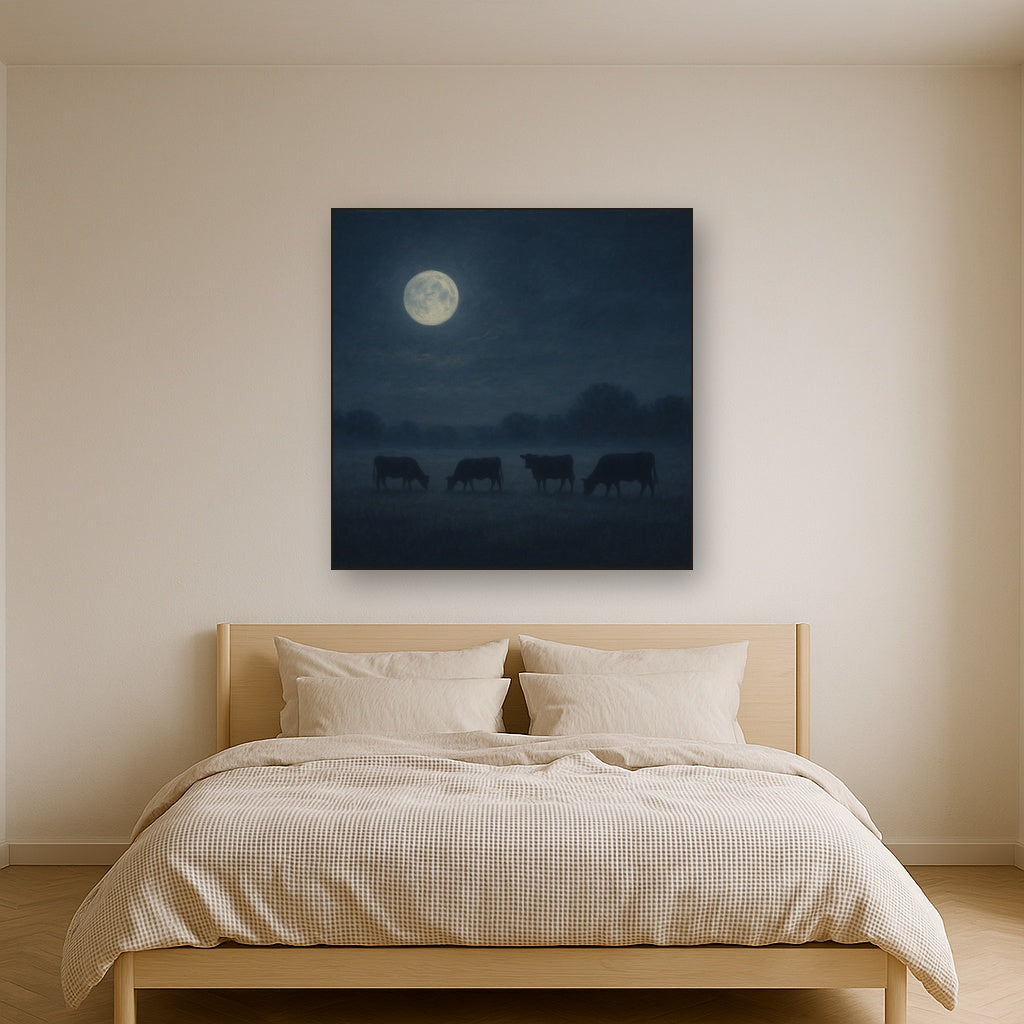Moonlit Pastoral Meadow & Cattle Silhouettes No. 6 Oil Painting - View 3