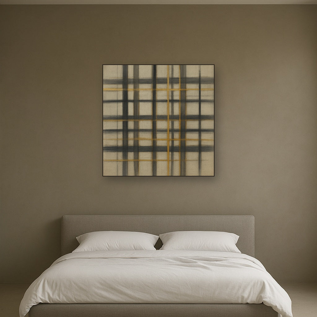 Abstract Woven Line Matrix in Charcoal & Gold No. 4 Fine Art Oil Painting - View 3