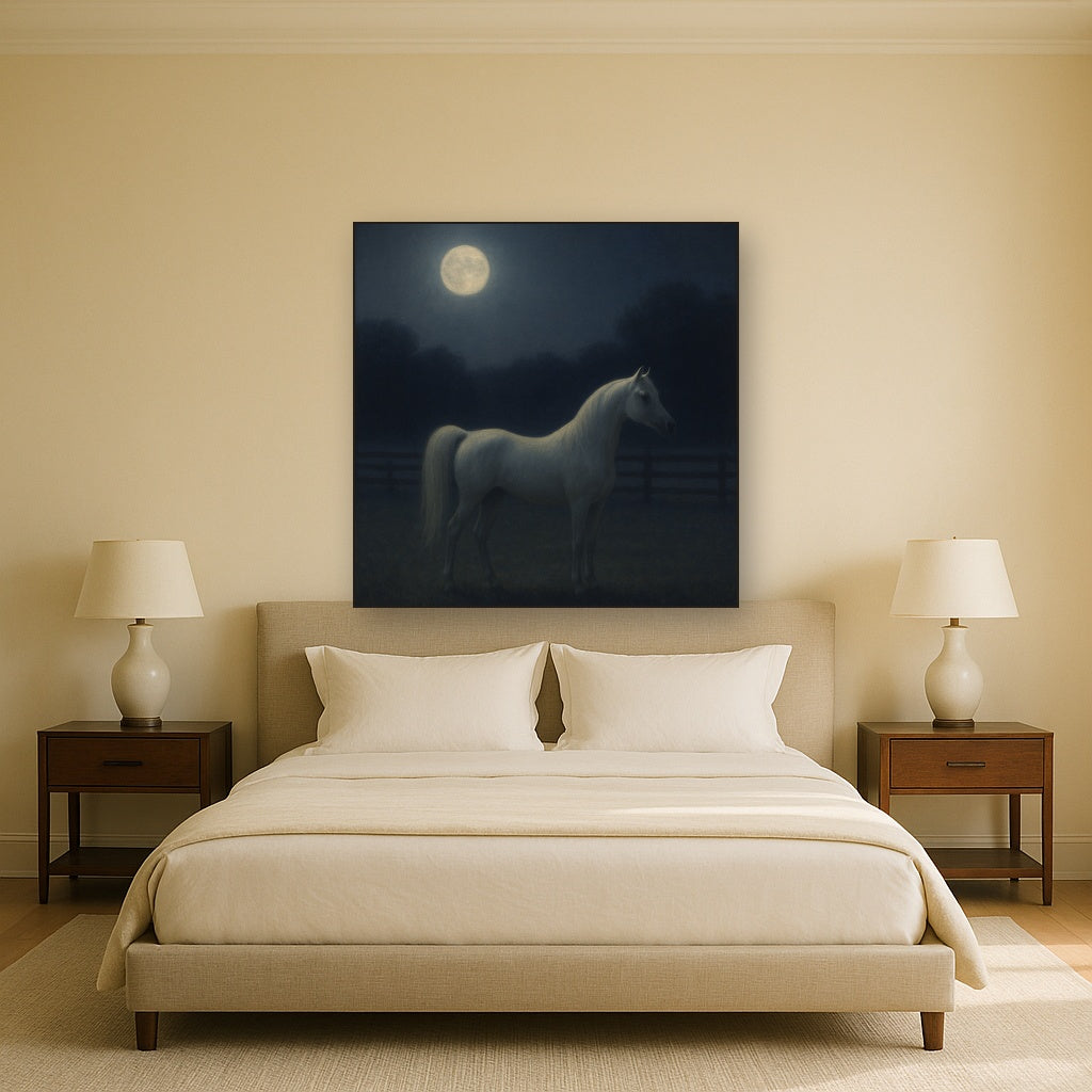 Moonlit Paddock with White Arabian Silhouette No. 20 Oil Painting - View 3
