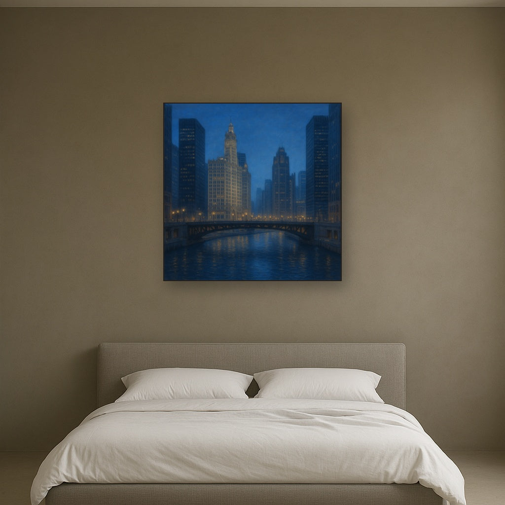 Chicago Riverfront Architecture at Blue Hour No. 11 Oil Painting - View 3