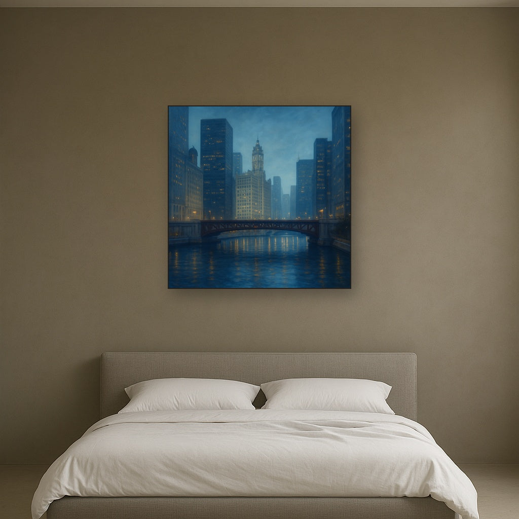 Chicago Riverfront Architecture at Blue Hour No. 4 Oil Painting - View 3