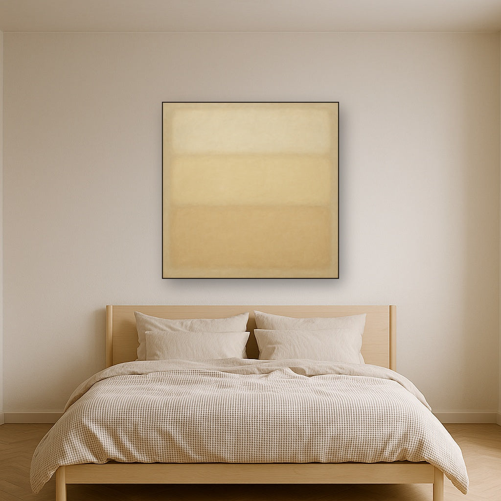 Oatmeal White & Pale Alabaster Monochrome Study Oil Painting Staged Above Master Bed in Bedroom, Calming Neutral Hand Painted Oil Art