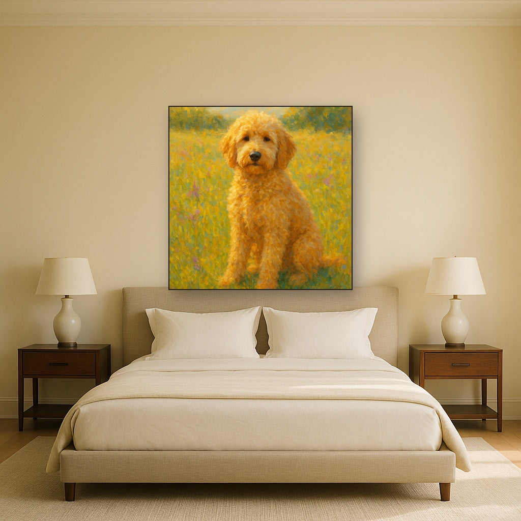 Fluffy Goldendoodle in Sun-Drenched Meadow No. 9 Fine Art Oil Painting - View 3