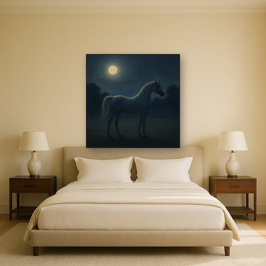 Moonlit Paddock with White Arabian Silhouette No. 17 Oil Painting - View 3