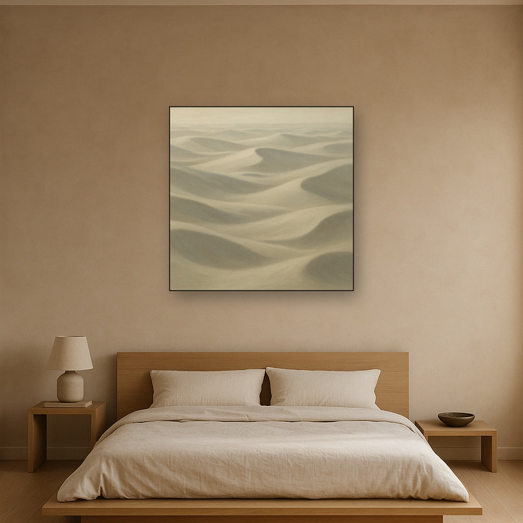 Monochrome Sand Dune Contours & Pale Slate No. 24 Oil Painting Staged Above Master Bed in Bedroom, Calming Neutral Hand Painted Oil Art