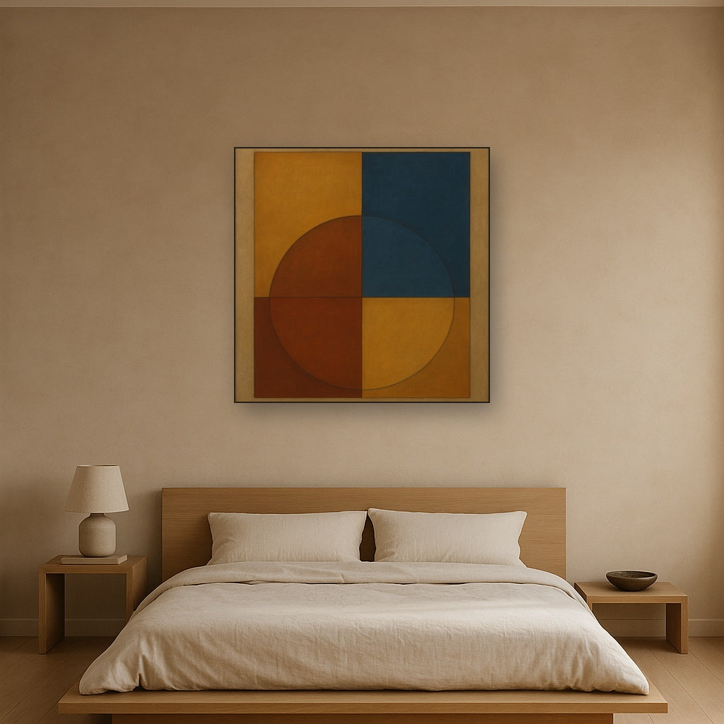 Bauhaus Quadrant Harmony in Primary Earth Tones No. 19 Oil Painting Staged Above Master Bed in Bedroom, Calming Neutral Hand Painted Oil Art