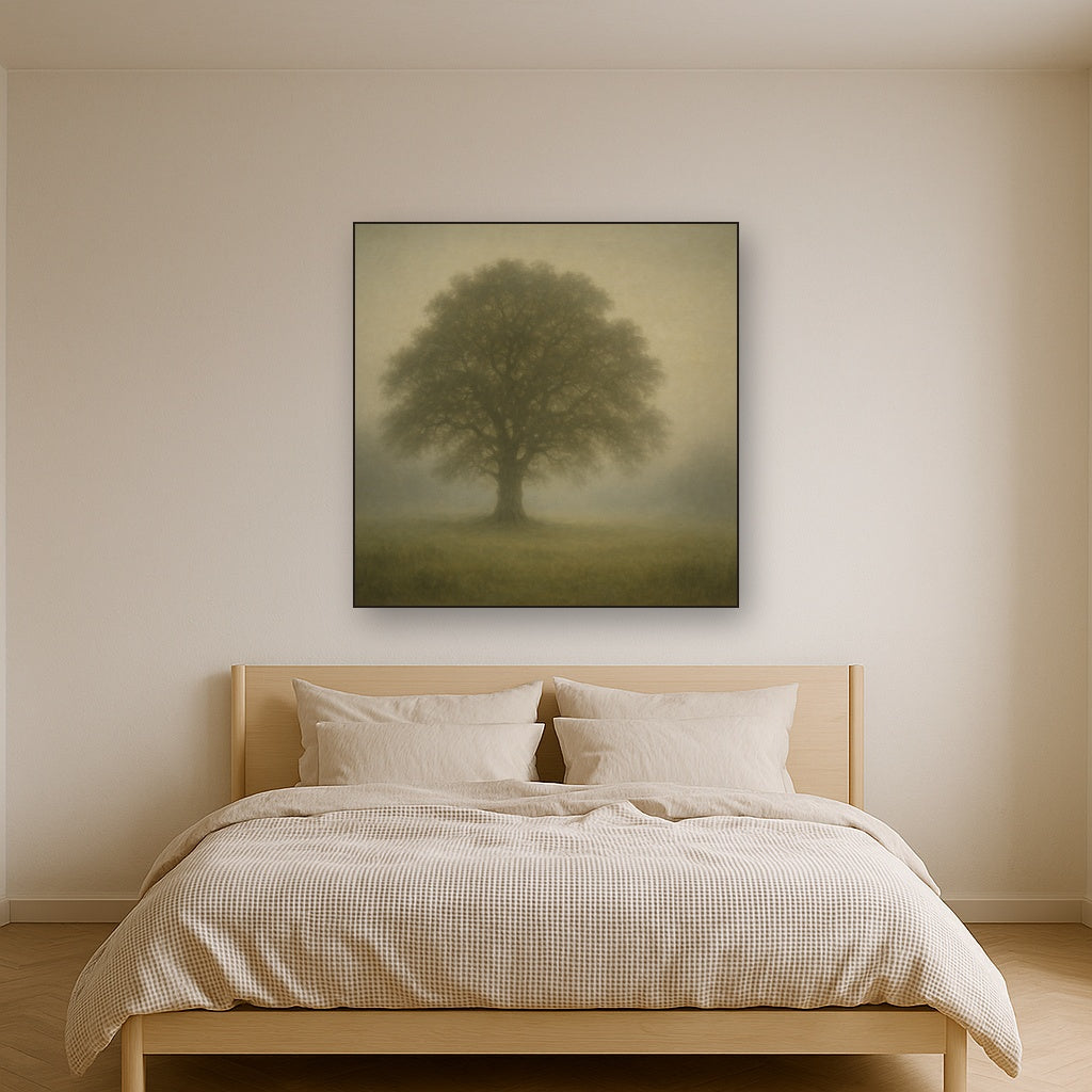 Ancient Solitary Oak in Morning Fog No. 9 Oil Painting - View 3