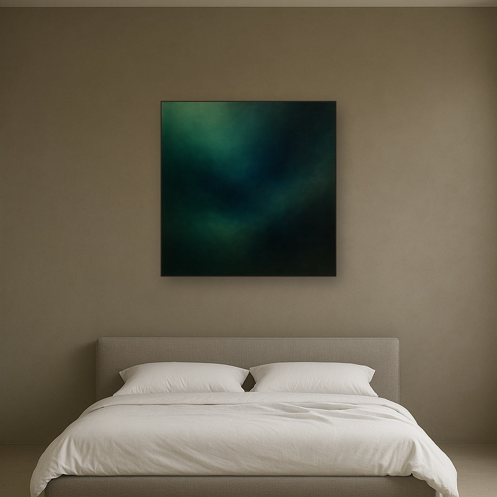Emerald & Midnight Sapphire Sfumato Immersion No. 11 Oil Painting Staged Above Master Bed in Bedroom, Calming Neutral Hand Painted Oil Art