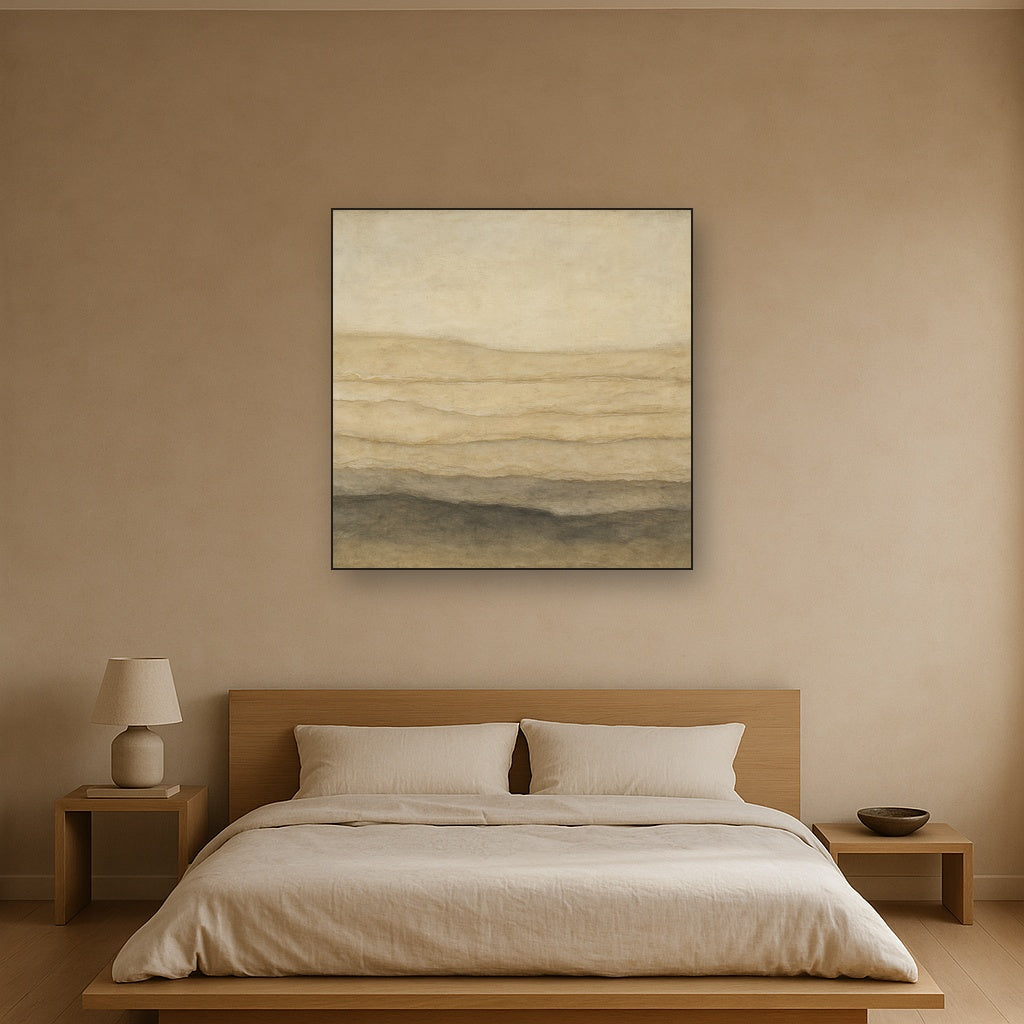Raw Limestone Horizon & Washed Linen Oil Painting Staged Above Master Bed in Bedroom, Calming Neutral Hand Painted Oil Art
