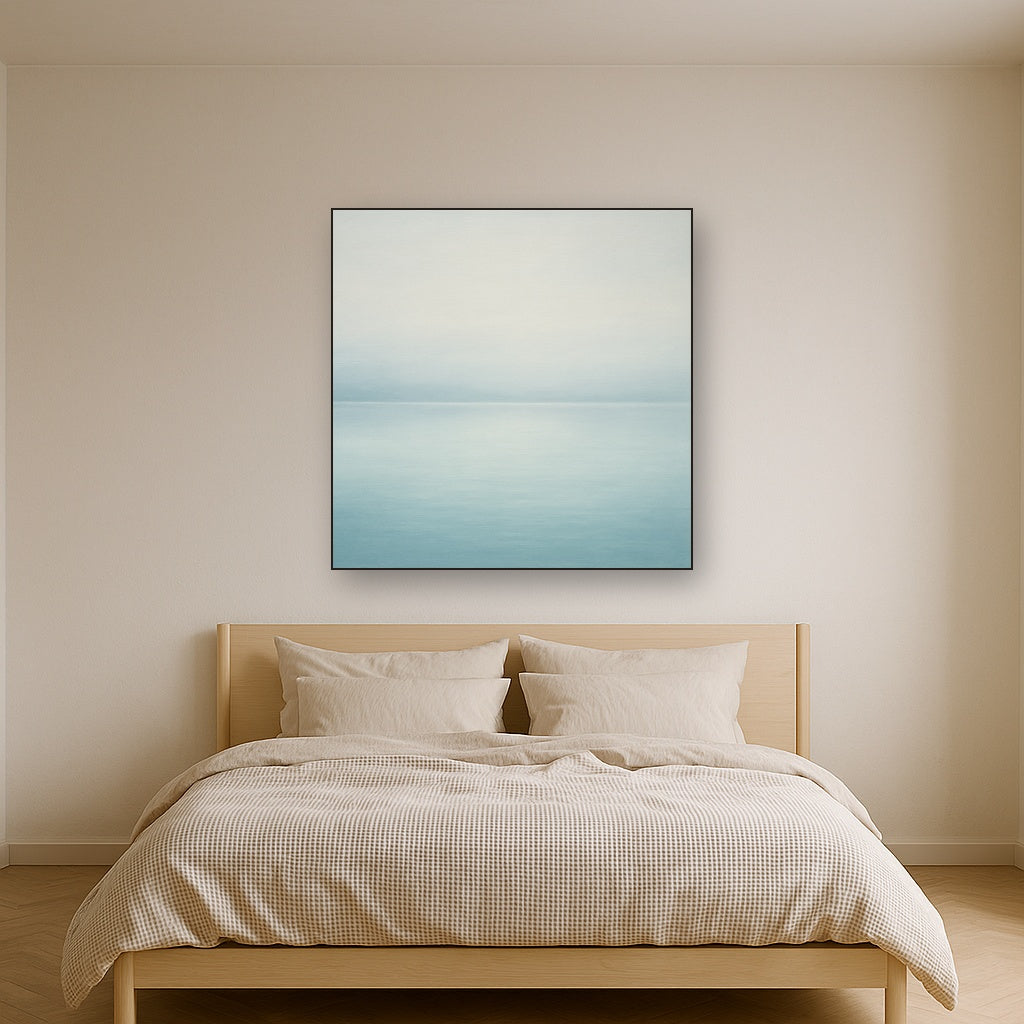 Glass Horizon over Quiet Arctic Waters No. 11 Oil Painting Staged Above Master Bed in Bedroom, Calming Neutral Hand Painted Oil Art