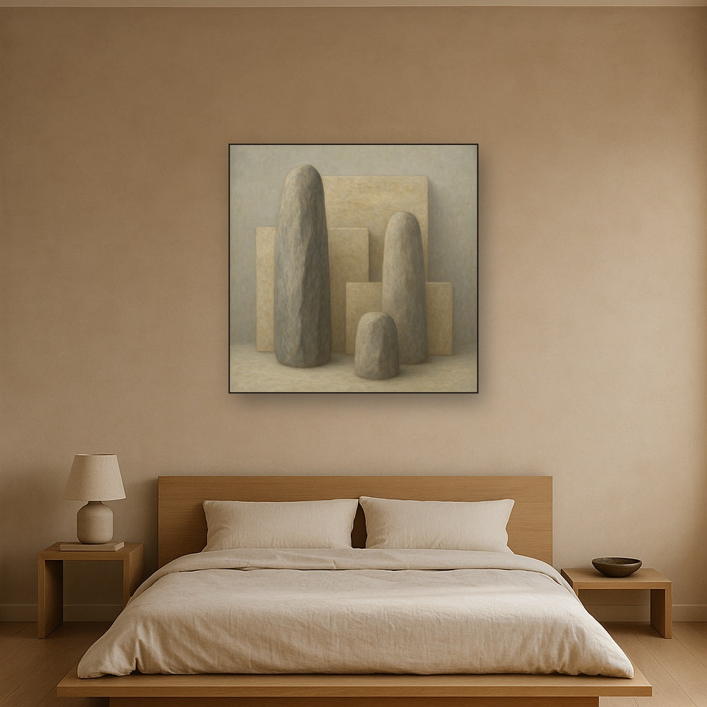 Driftwood Grey & Weathered Stone Monolith No. 19 Oil Painting Staged Above Master Bed in Bedroom, Calming Neutral Hand Painted Oil Art
