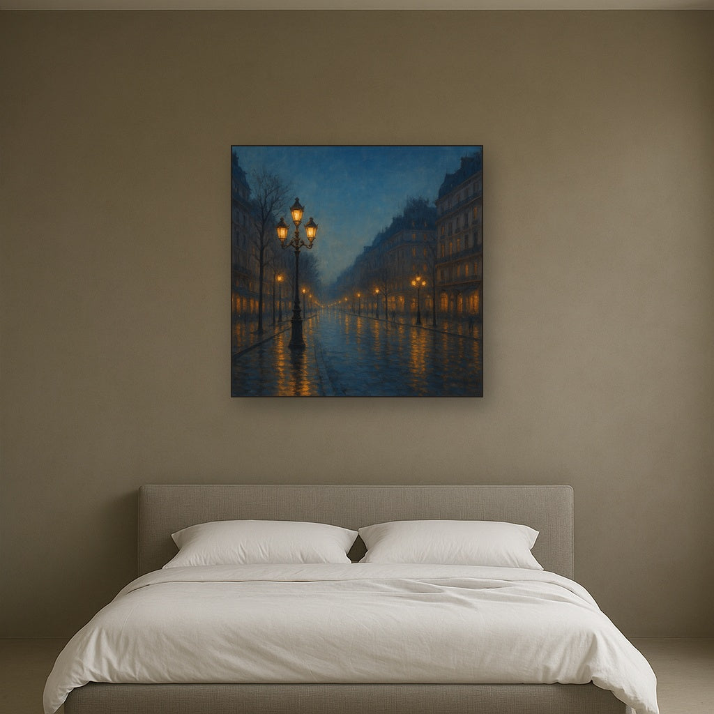 Rainy Parisian Boulevard at Twilight No. 16 Oil Painting Staged Above Master Bed in Bedroom, Calming Neutral Hand Painted Oil Art
