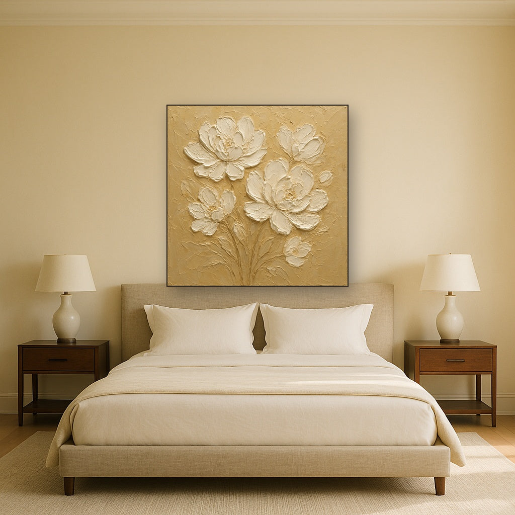 Sculptural White Flora Textured Impasto Oil Painting - Styled in Master Bedroom